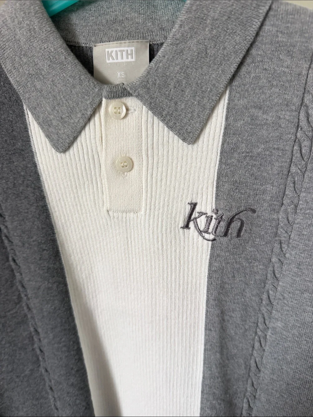 Kith Kids Grey & White Cable Knit Polo Top